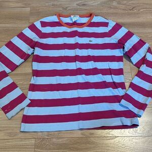 Lacoste vintage pink and blue striped long sleeve size 42   Has some bleach stai